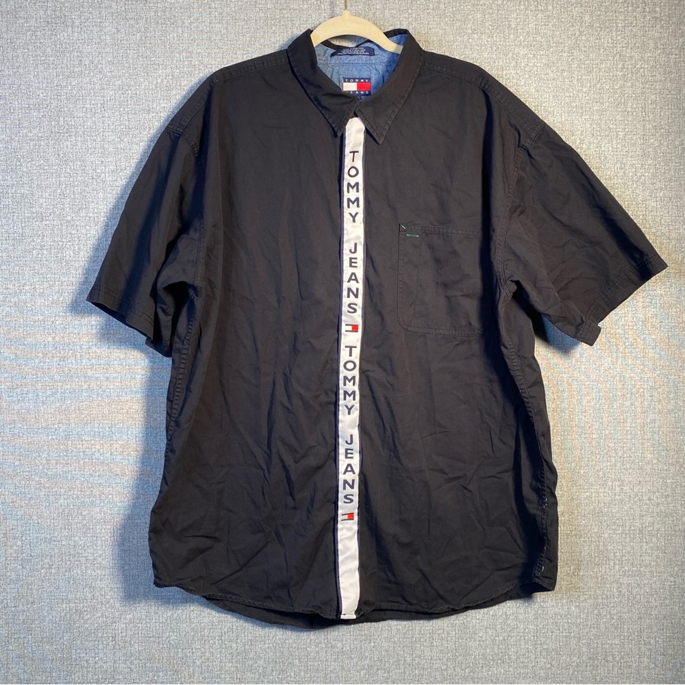 Rare Vintage 90s Tommy Jeans Men’s XXL Tape Logo Full Zip Up Short Sleeve Shirt